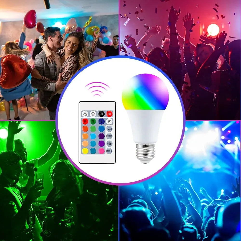 Colorful LED light bulb with remote control surrounded by images of people at a party with colorful lights.