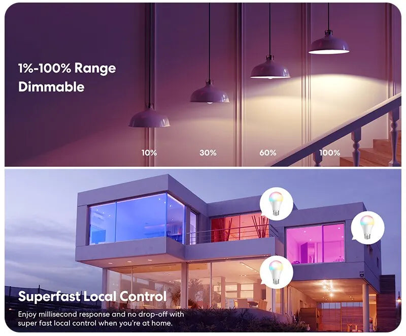 Dimmable light fixture with control percentages and a modern house exterior with smart lighting control icons.