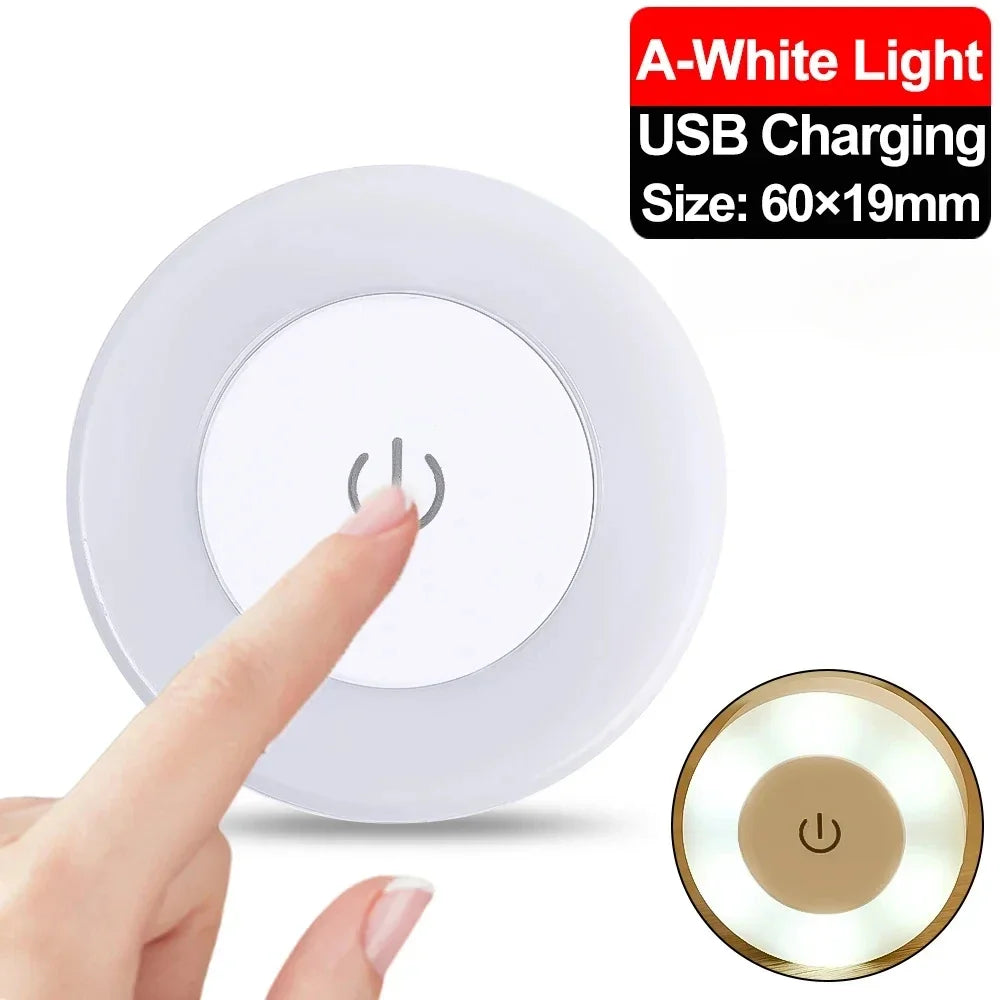 Small round light with USB charging feature, size 60x19mm, on a white background.