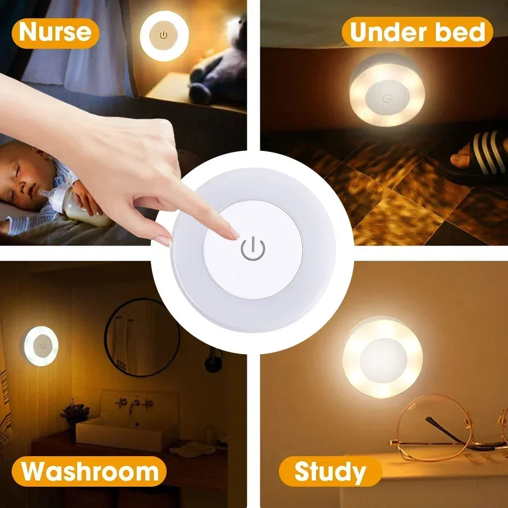 Circular light fixture with power symbol, shown in various settings like under bed, washroom, and study.