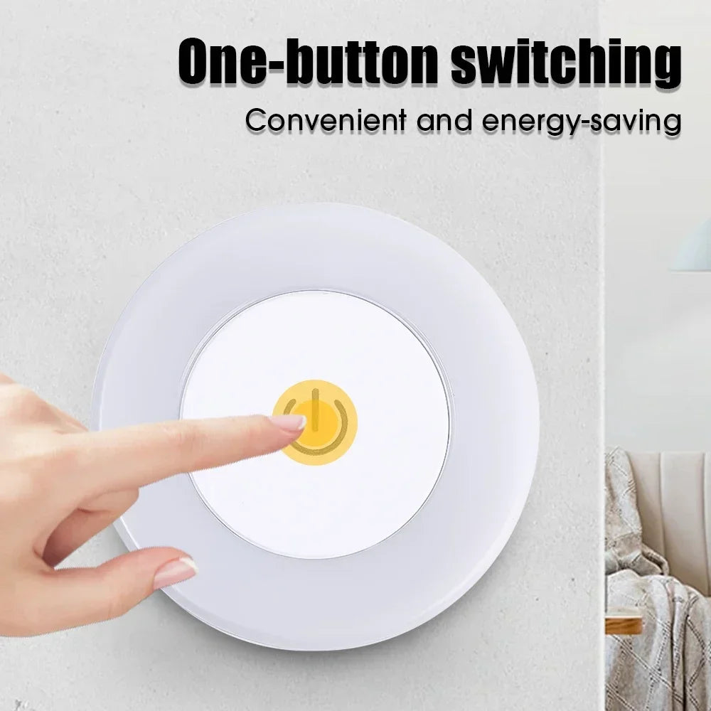Round light switch with a hand pressing a button, labeled 'One-button switching' and 'Convenient and energy-saving'.
