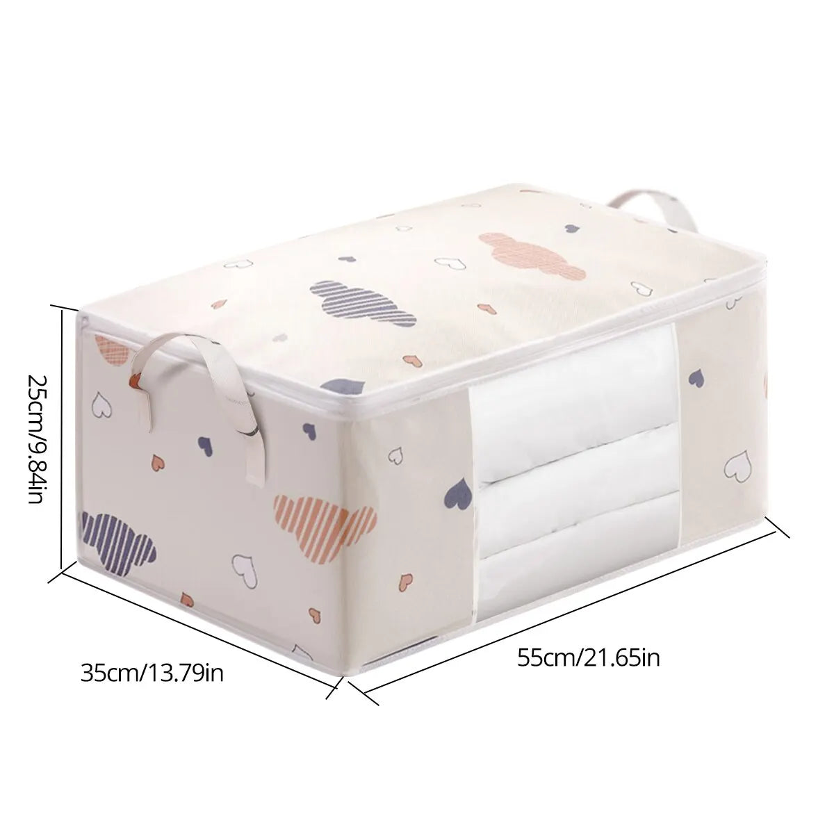 Storage box with cartoon designs and dimensions on a white background