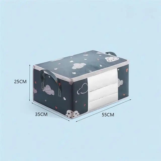 Storage box with cloud pattern and measurements on a light blue background