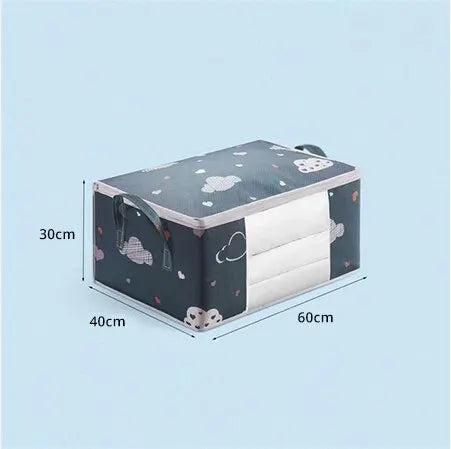 Storage box with cloud pattern and dimensions on a light blue background