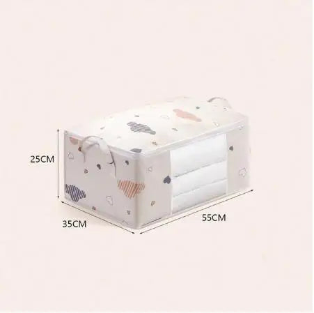 Rectangular box with cartoon design and dimensions on a light pink background