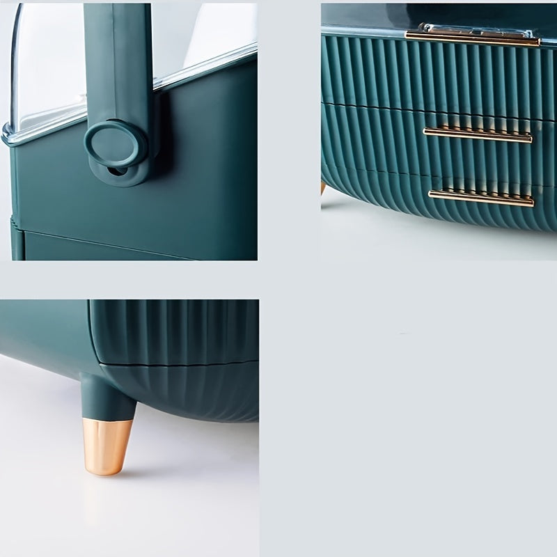 Green handbag with gold accents on a white background