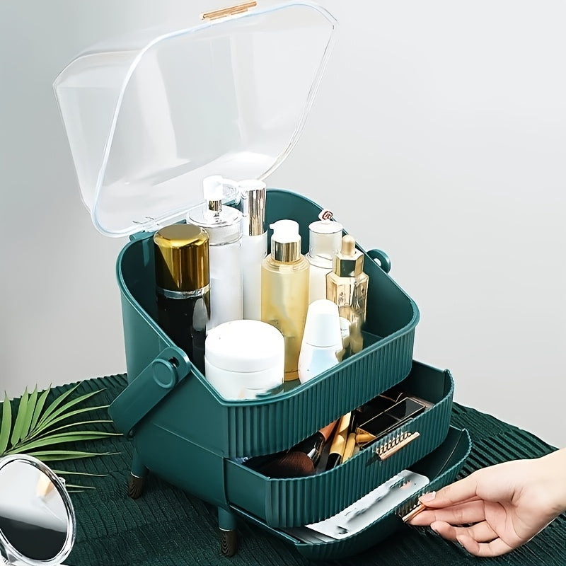 Green cosmetic organizer with various skincare products on a neutral background