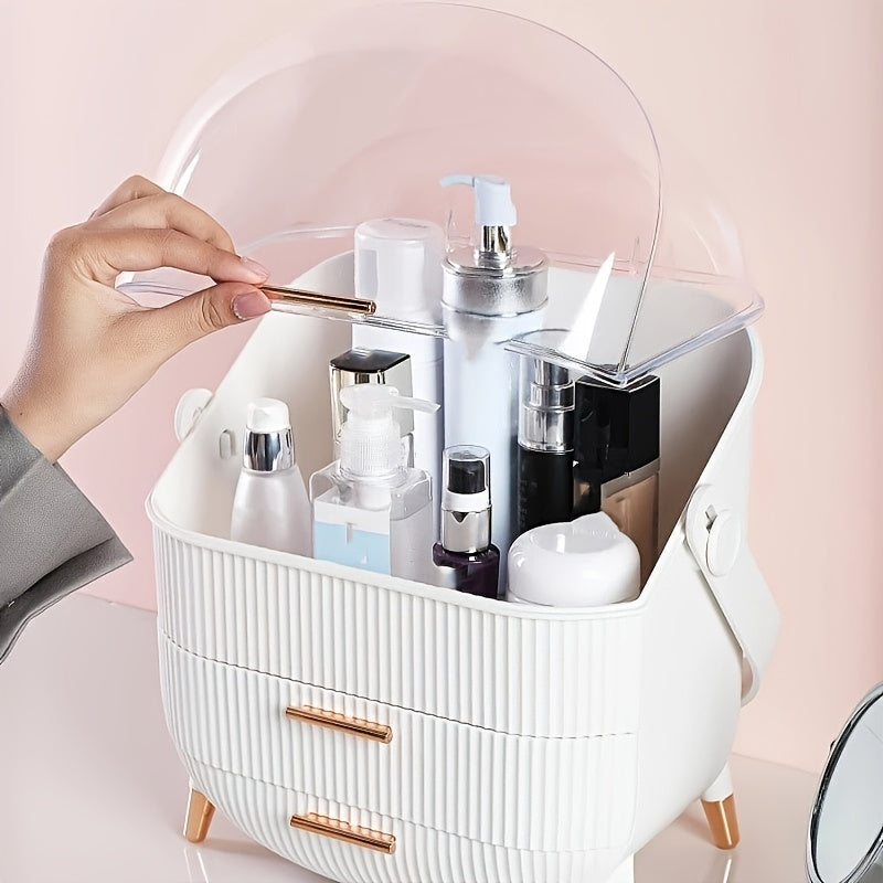 White cosmetic organizer with various skincare products on a pink background