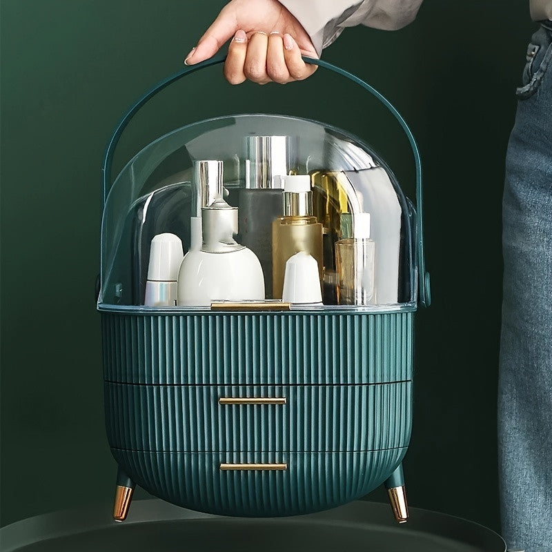Green cosmetic bag with skincare products against a dark green background