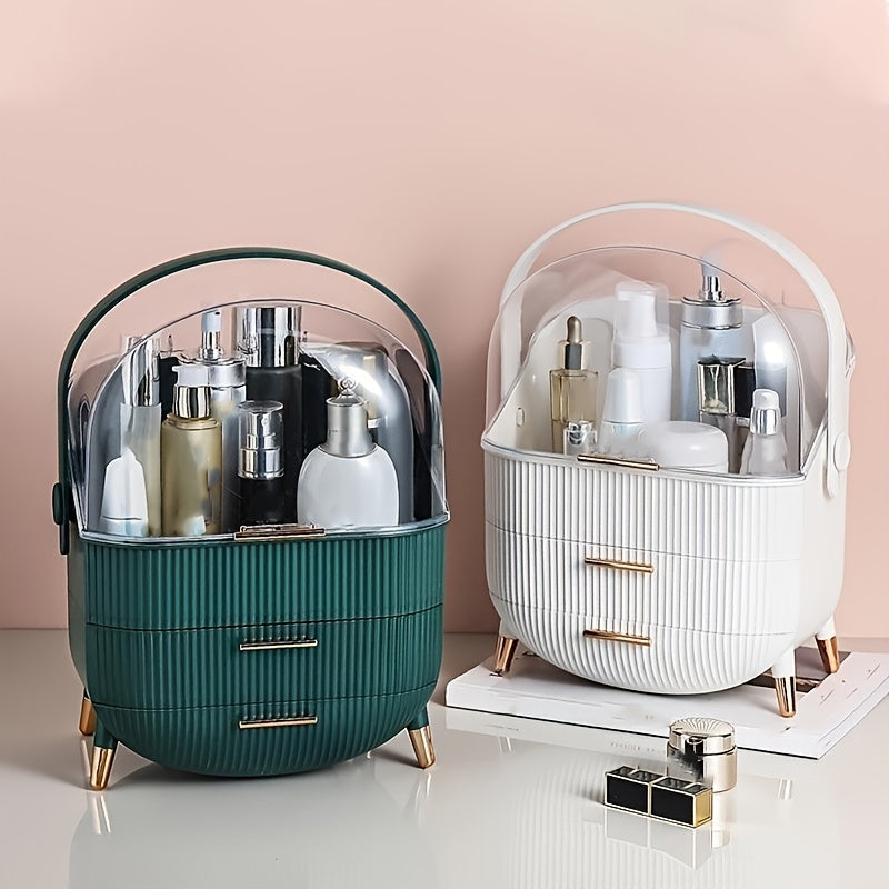 Two cosmetic organizers with skincare products on a light pink background
