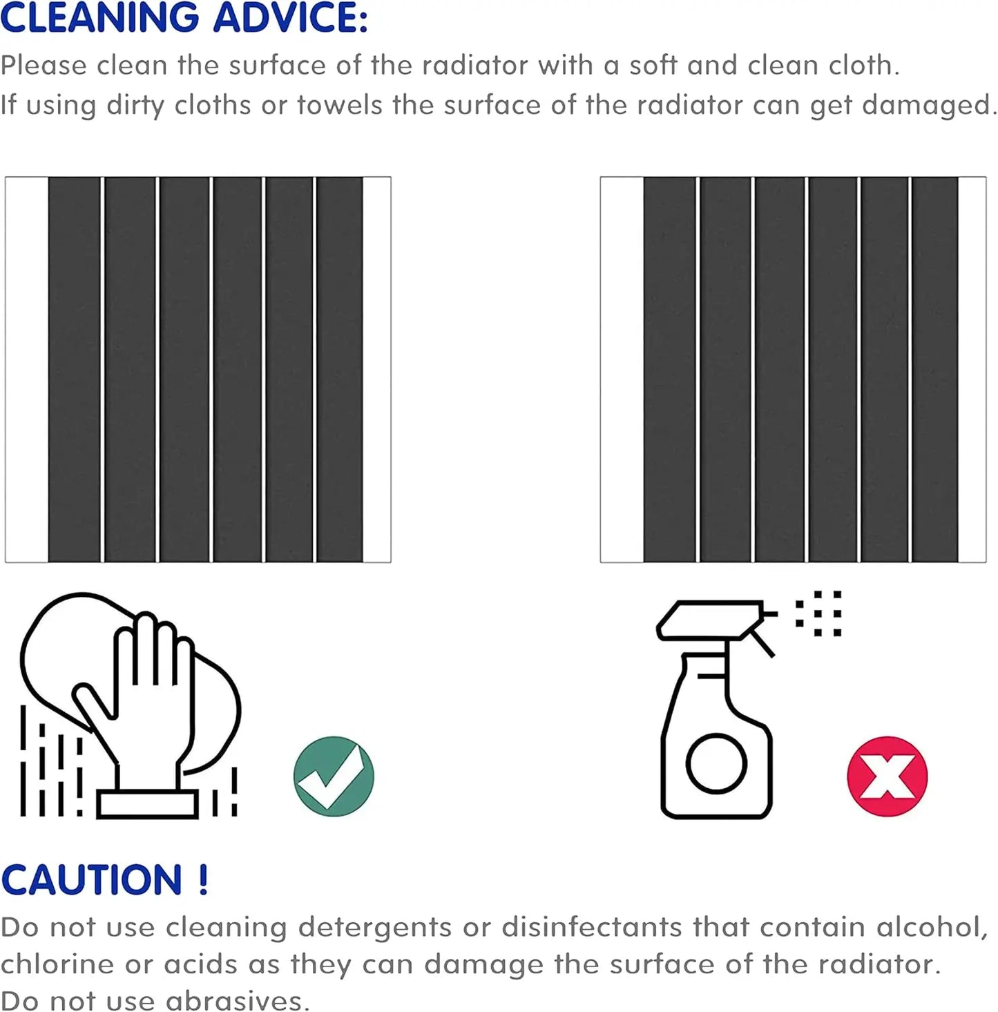 Cleaning instructions for a radiator with icons and text on a white background