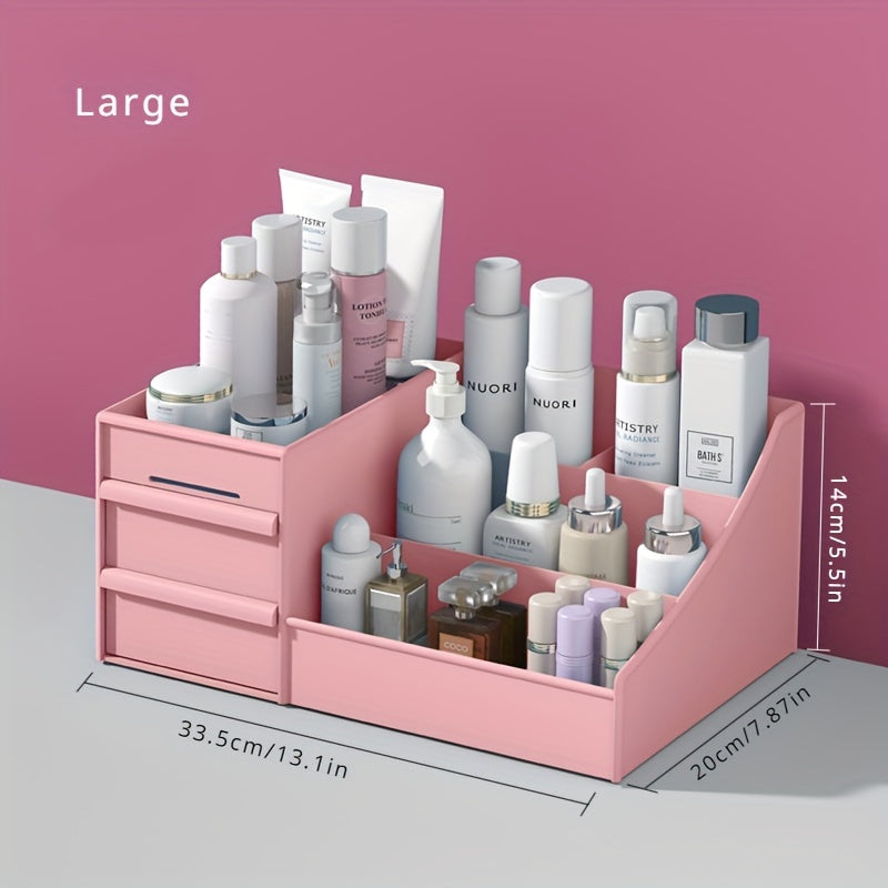 Pink cosmetic organizer with various skincare products on a pink background