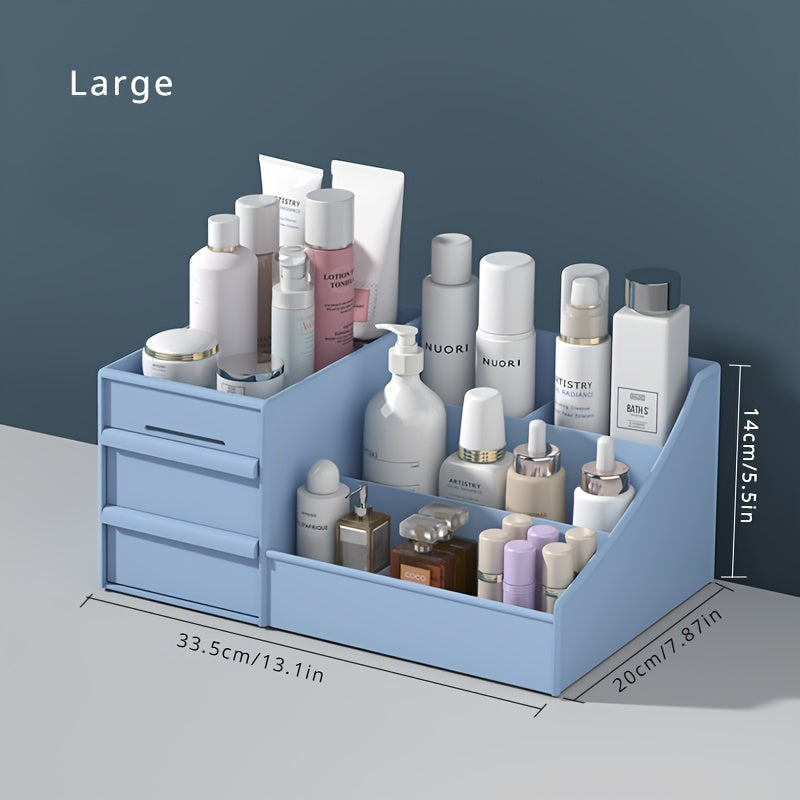 Blue cosmetic organizer with various skincare products against a dark blue background