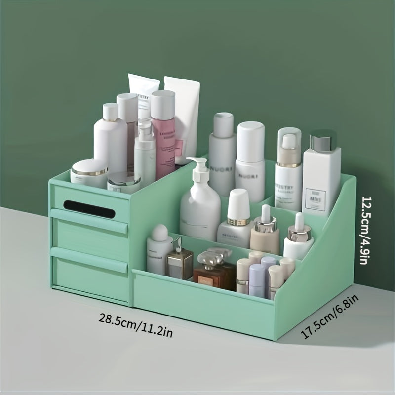 Cosmetic organizer with skincare products on a green background