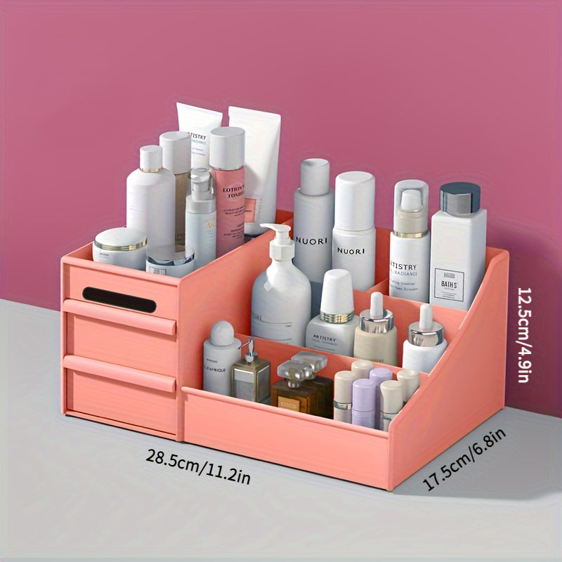 Cosmetic organizer with various skincare products against a pink background