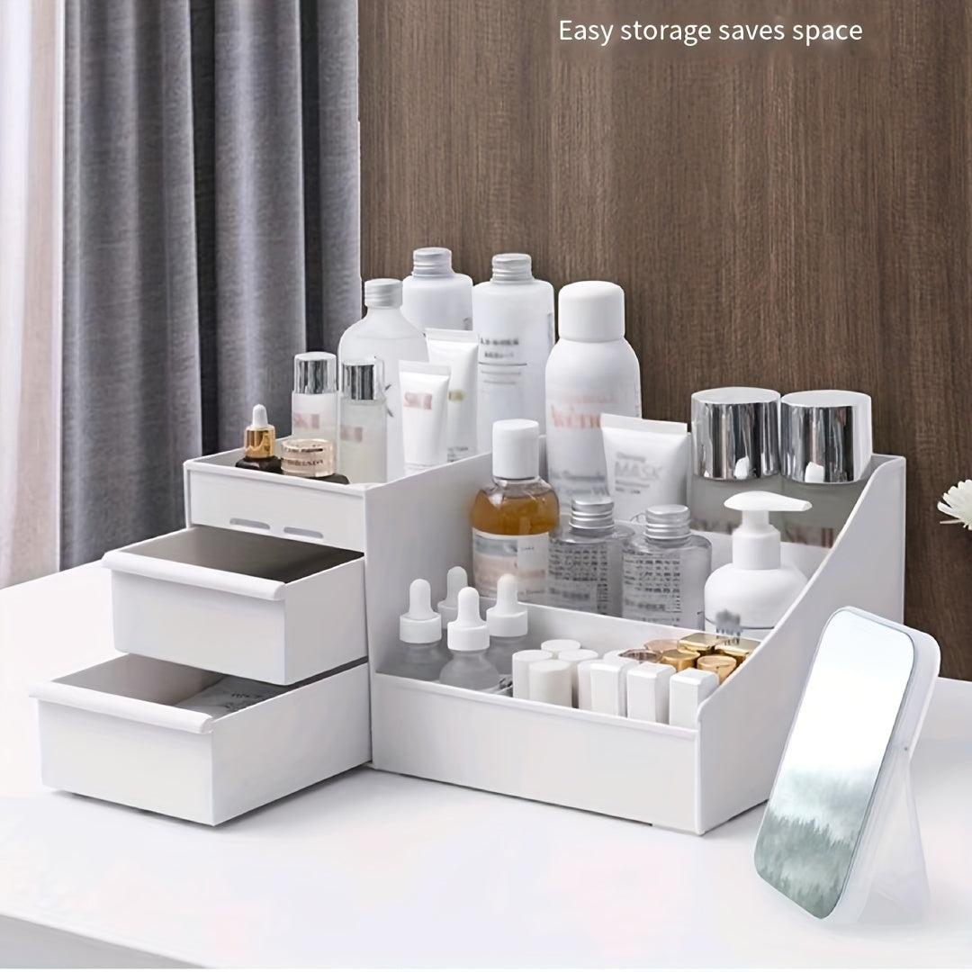 White cosmetic organizer with skincare products on a wooden surface.