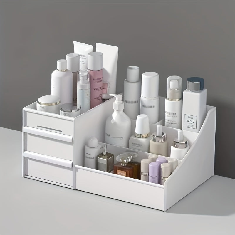 White cosmetic organizer with various skincare products on a gray background