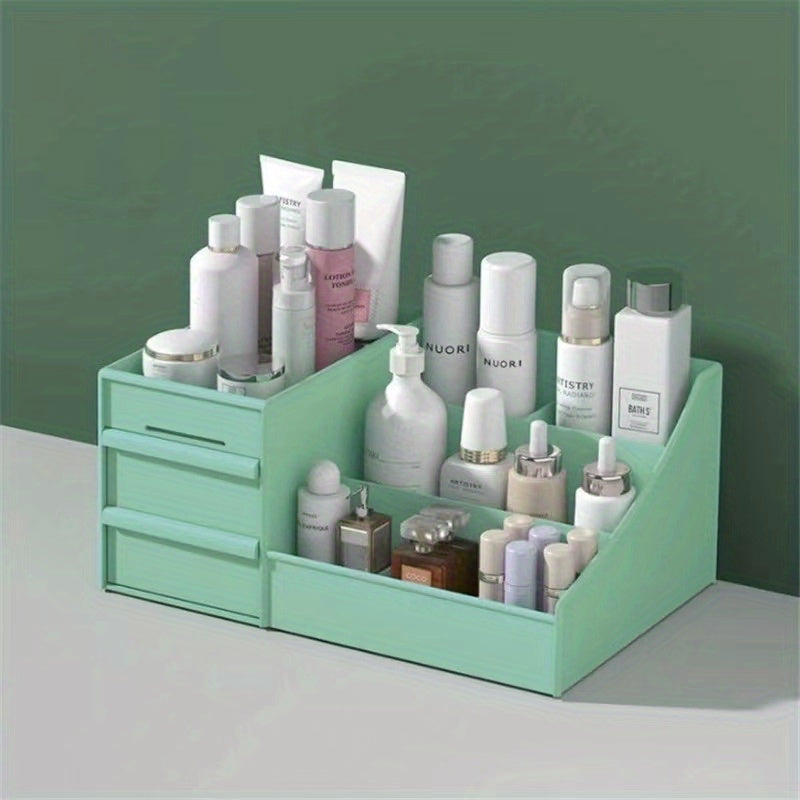 Mint green cosmetic organizer with various skincare products on a neutral background