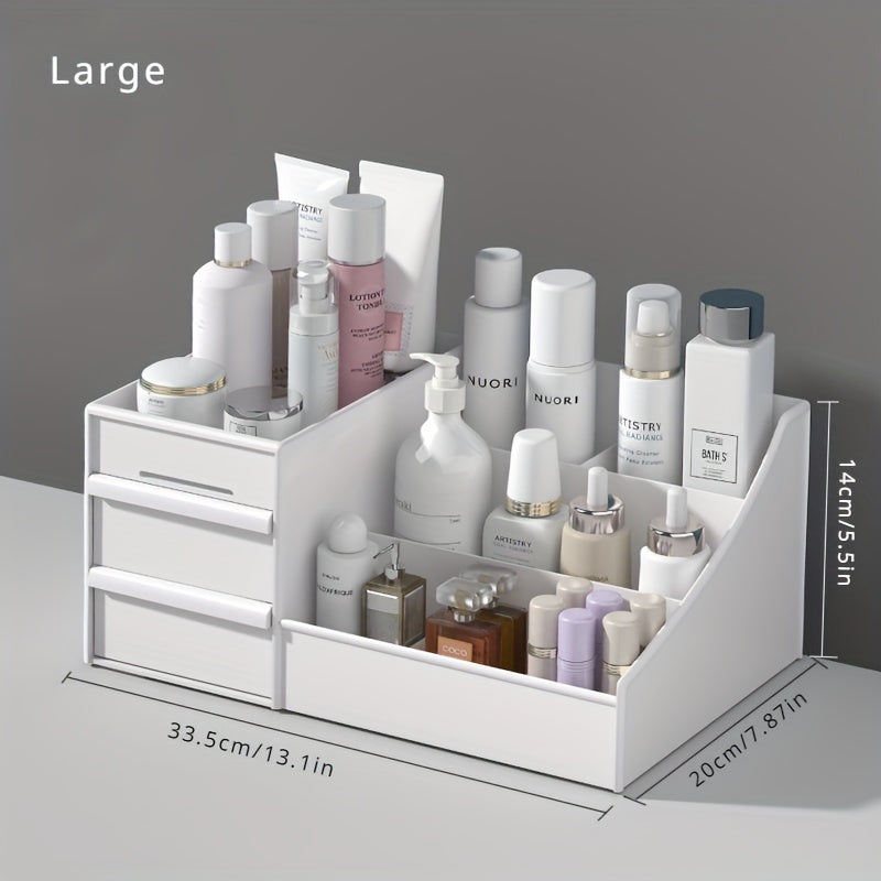 White cosmetic organizer with various products and dimensions displayed.