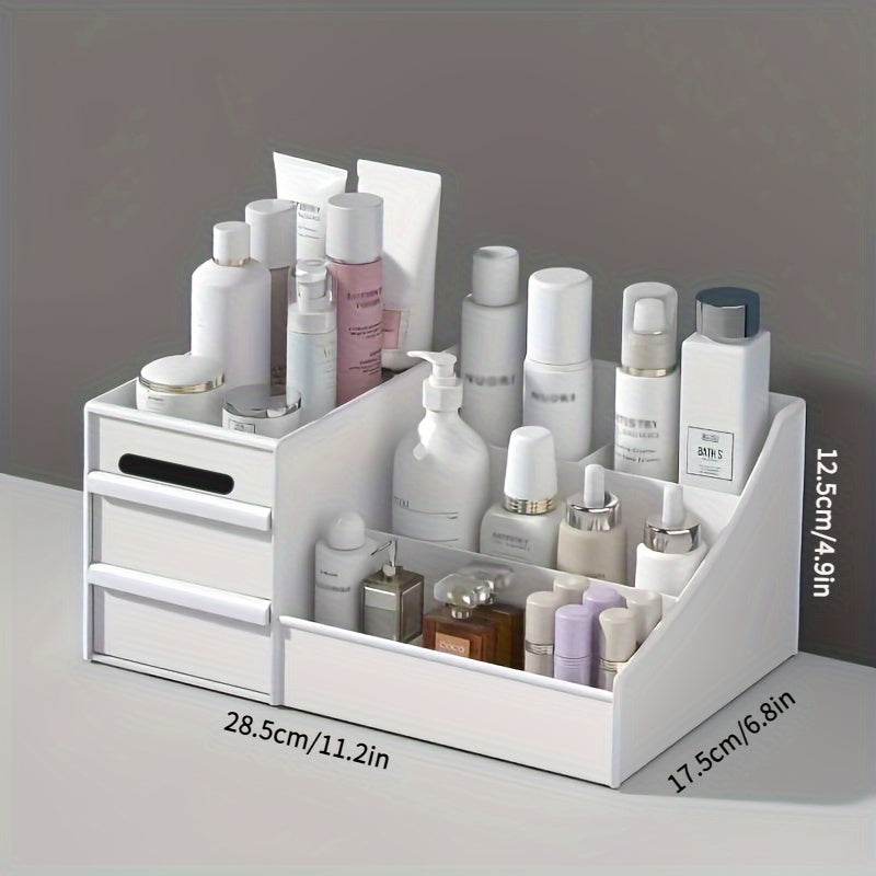 White cosmetic organizer with various bottles and containers on a gray background