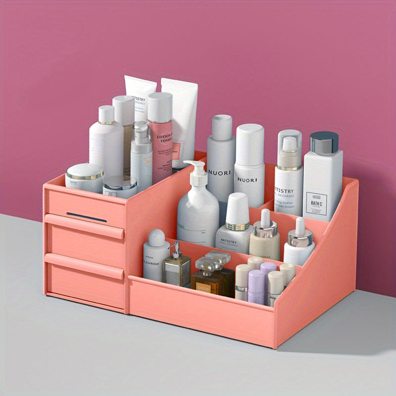 Pink cosmetic organizer with various skincare products against a pink background