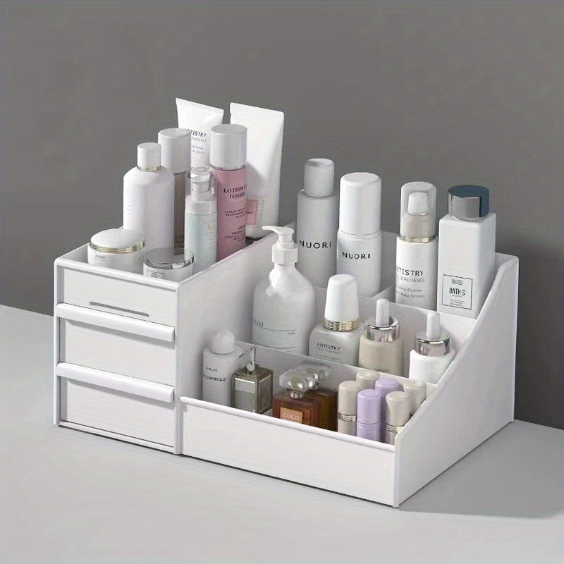 White cosmetic organizer with various skincare products on a gray background