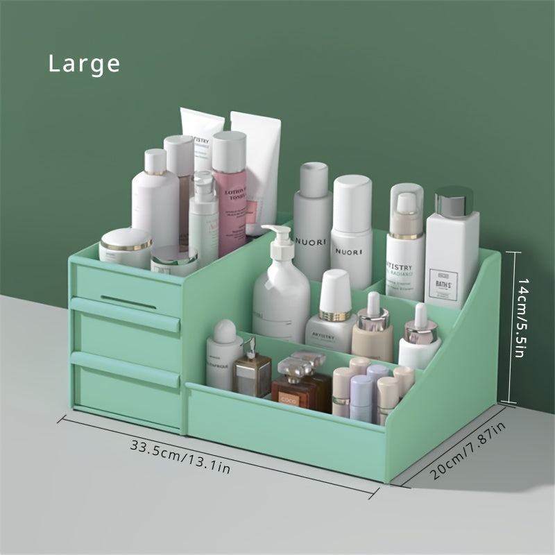 Green cosmetic organizer with various products on a gray surface and green background