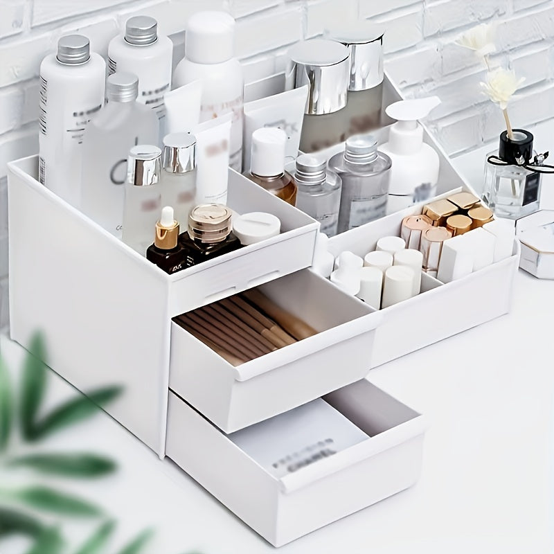 White cosmetic organizer with various skincare products on a light background