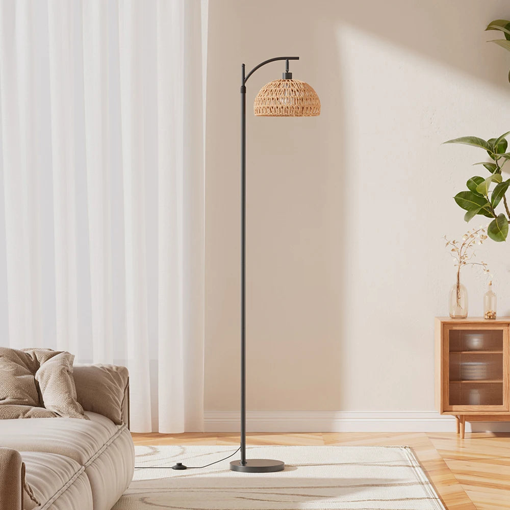 Floor lamp with wicker shade in a living room setting