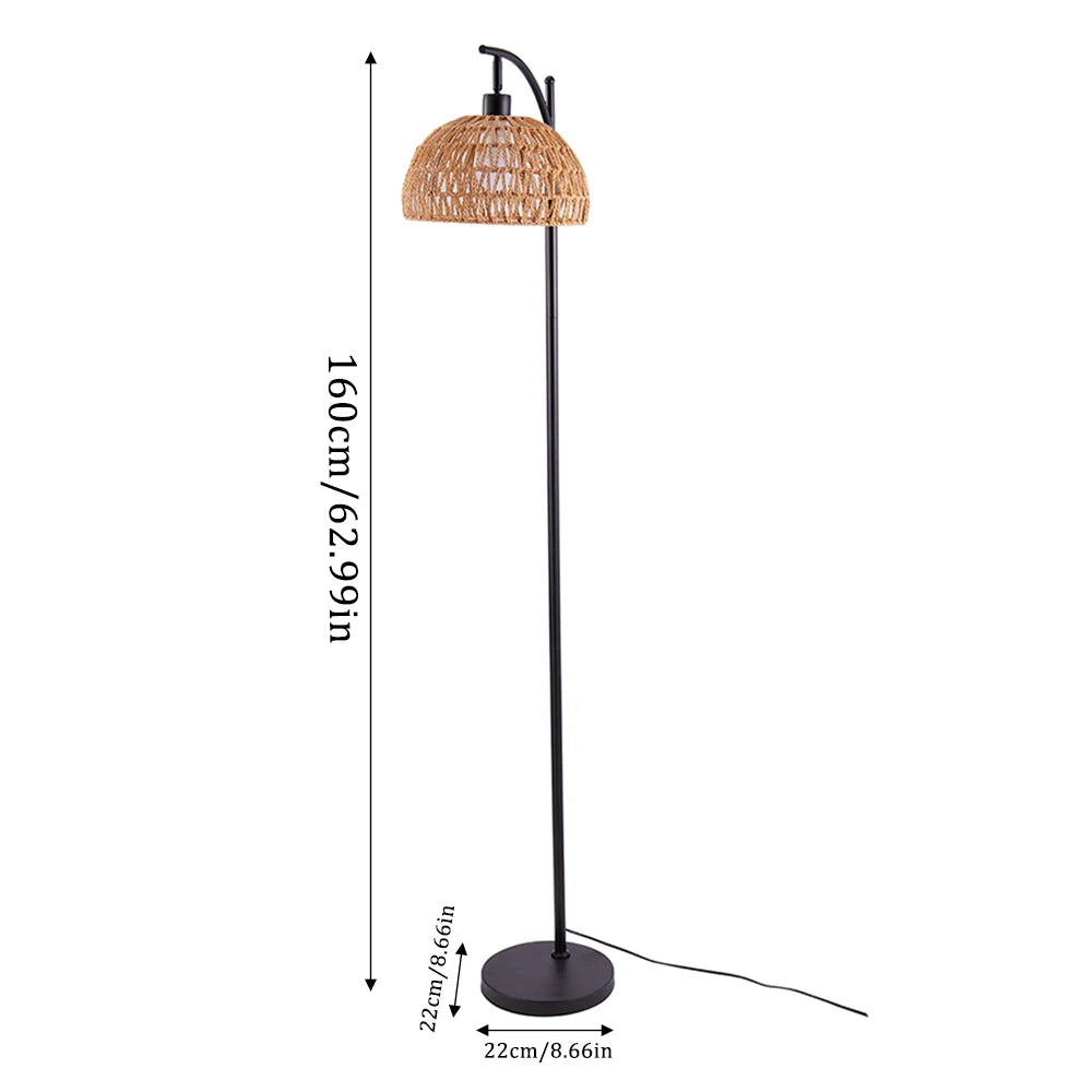 Floor lamp with wicker shade and dimensions on a white background