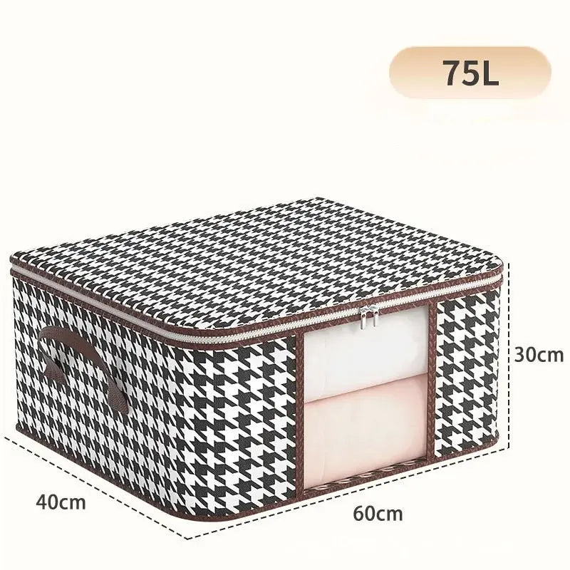 Storage box with houndstooth pattern and dimensions on a white background