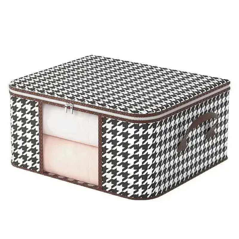 Houndstooth patterned storage box with a zipper on a white background