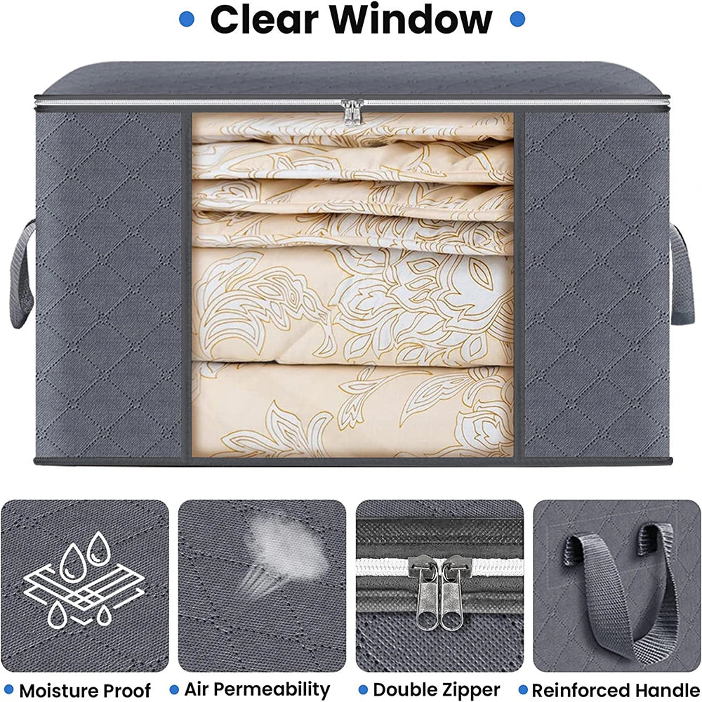 Gray storage bin with clear window showing folded bedding, features highlighted below.