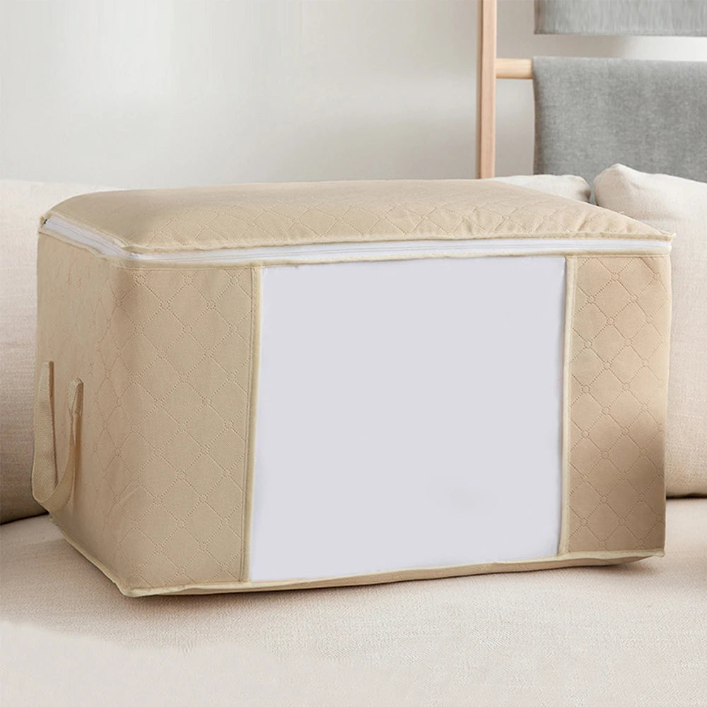 Beige storage cube on a light-colored sofa