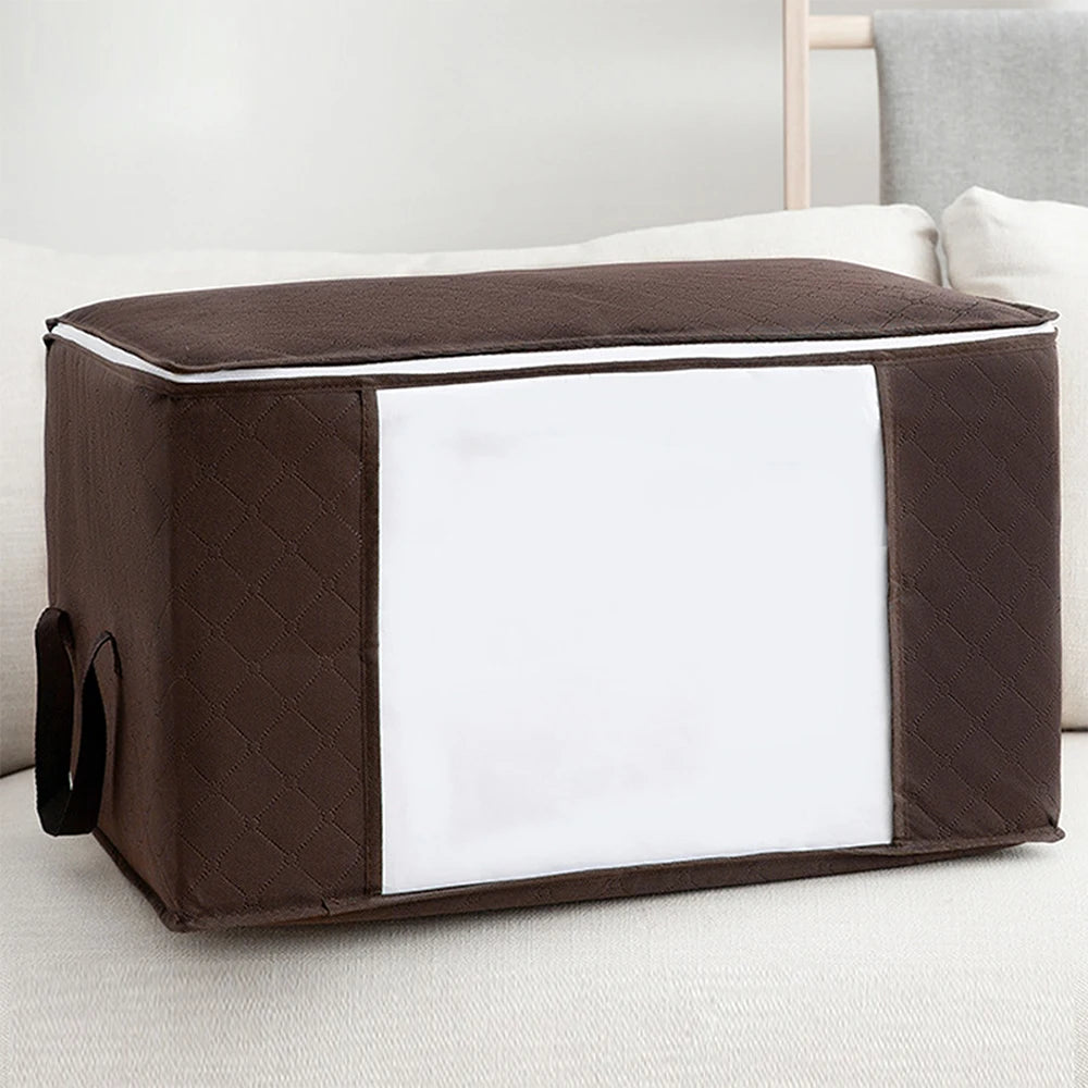 Brown storage ottoman with white interior on a light gray couch