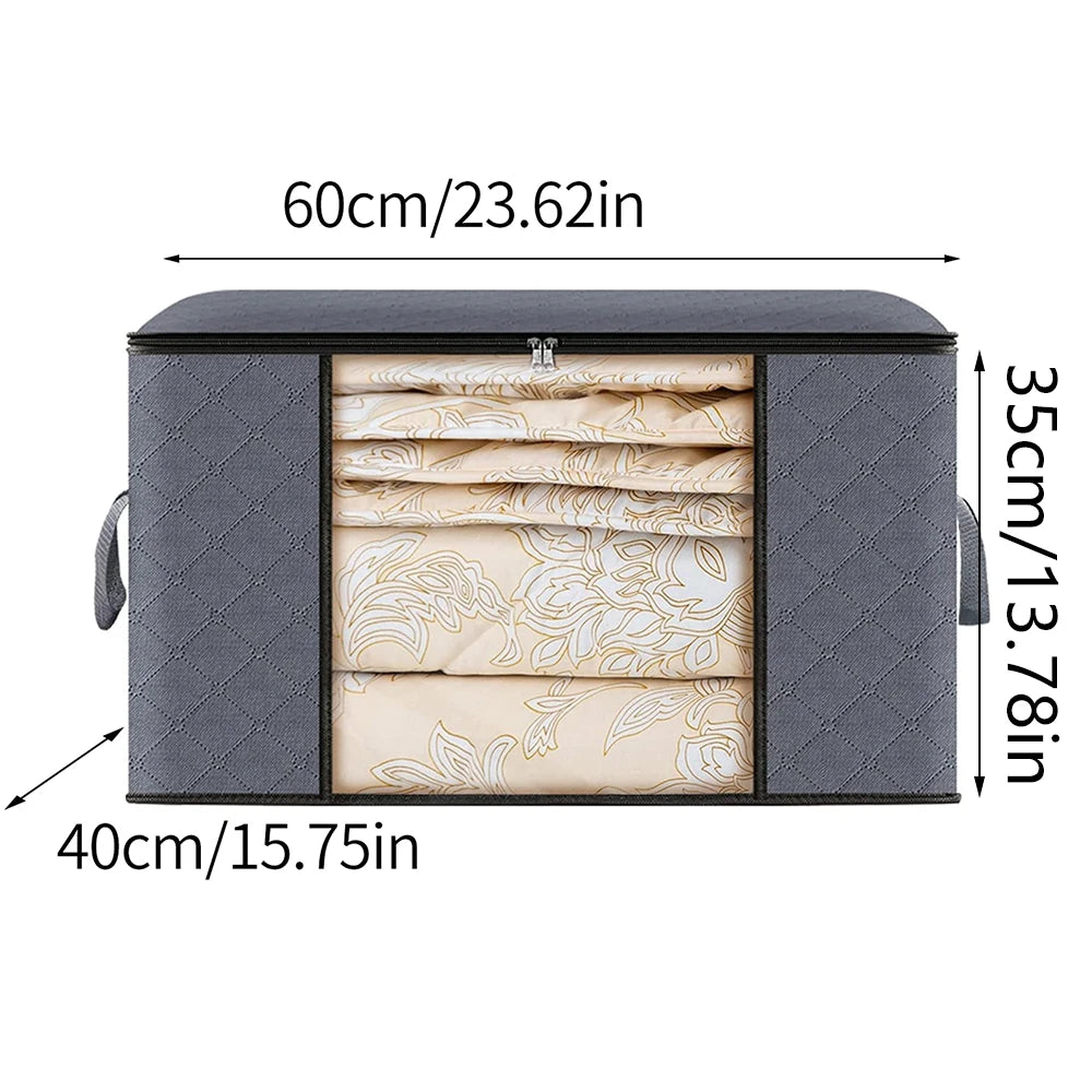 Storage bag with floral bedding inside, showing dimensions on a white background