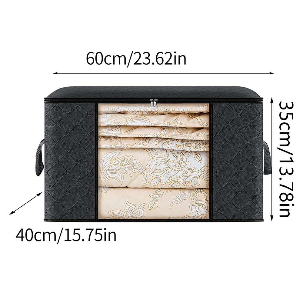 Black storage bag with floral bedding inside, showing dimensions on a white background