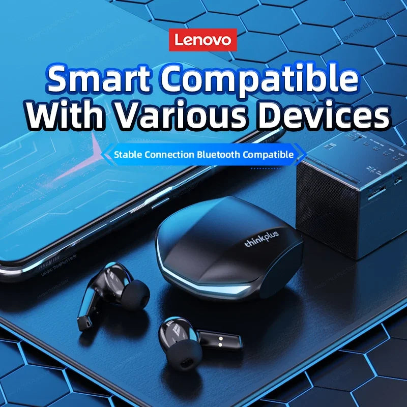 Lenovo smart device accessories including mouse, earbuds, and phone on a blue geometric background.