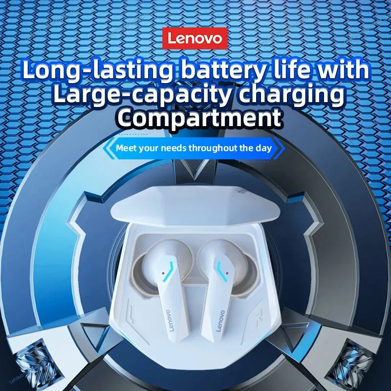 Lenovo wireless earbuds with charging case on a blue patterned background