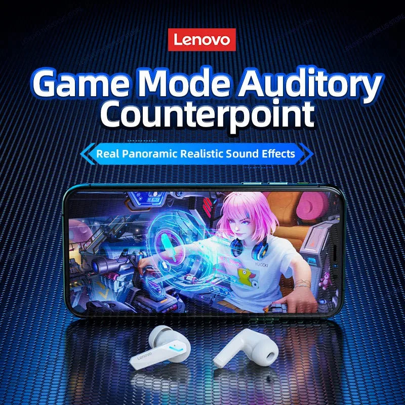 Lenovo gaming phone with game mode auditory counterpoint feature and earbuds on a dark background