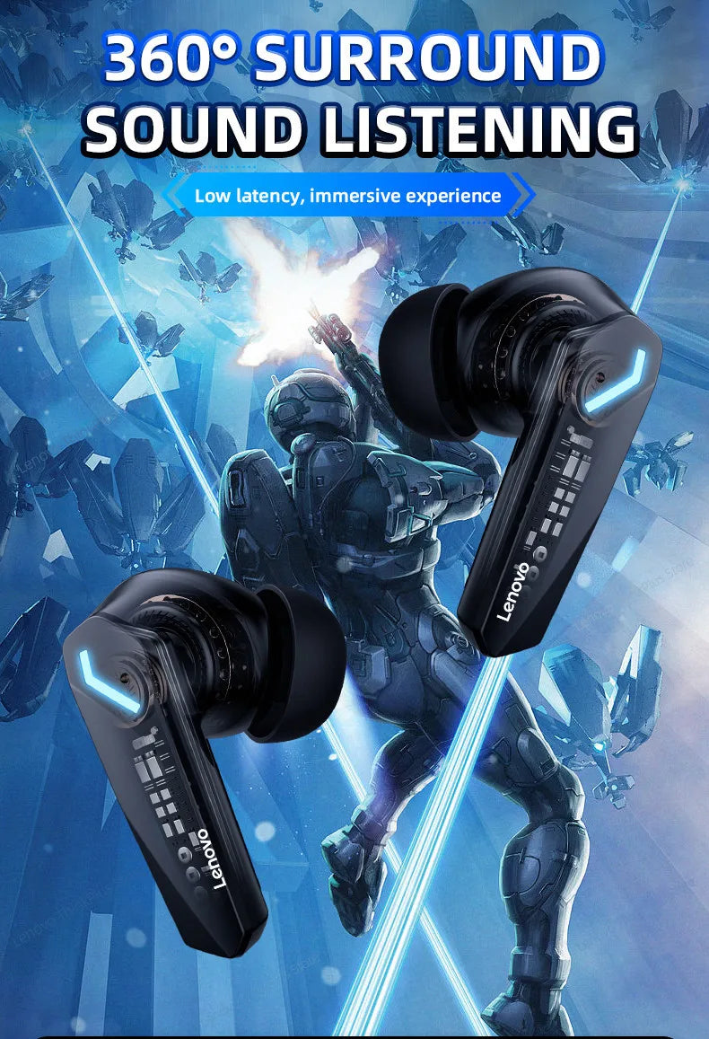 Lenovo wireless earbuds with 360-degree surround sound on a futuristic background