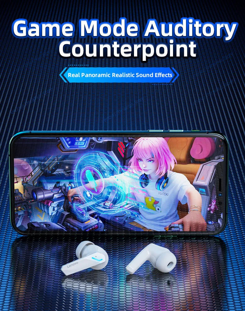Smartphone displaying a gaming app with wireless earbuds in front on a dark background