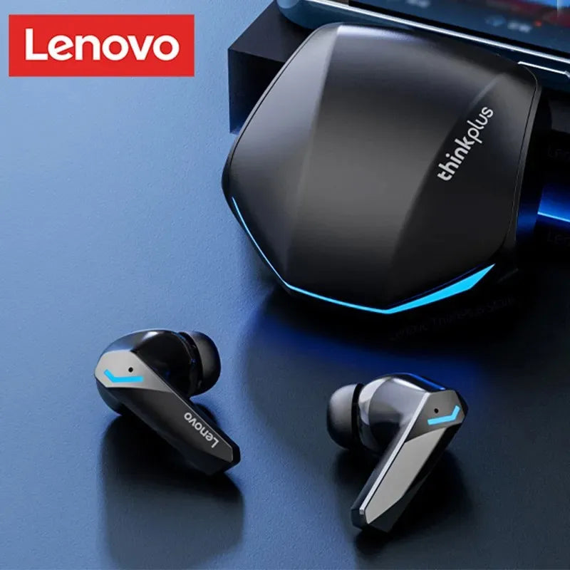 Lenovo wireless earbuds with charging case on a blue background