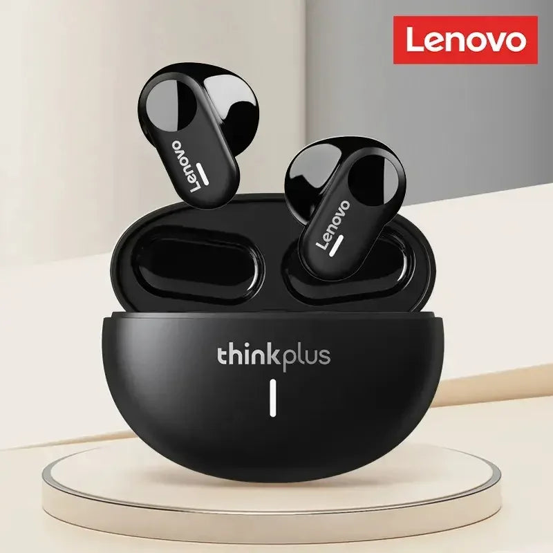 Black Lenovo wireless earbuds with charging case on a light background