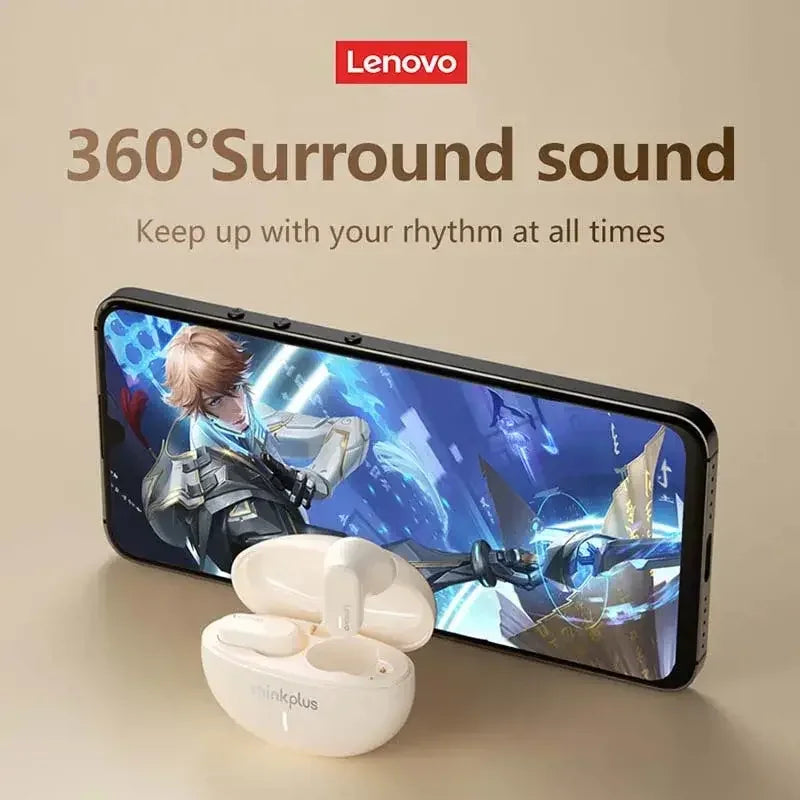 Smartphone with 360-degree surround sound feature and wireless earbuds on a beige background, featuring Lenovo branding.