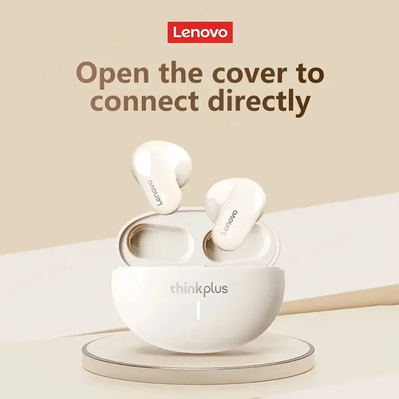 Lenovo wireless earbuds with charging case on a beige background