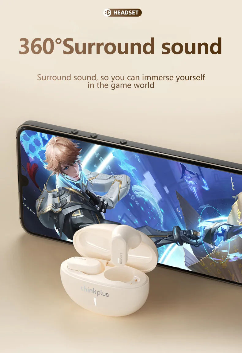 White wireless earbuds with a smartphone displaying a game on a beige background, emphasizing '360° Surround sound'.