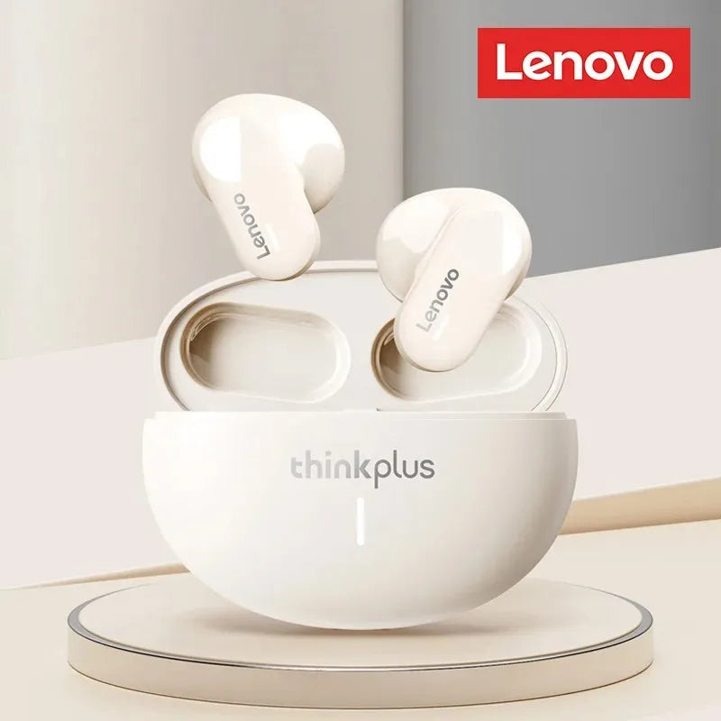 Lenovo thinkplus wireless earbuds with charging case on a light background