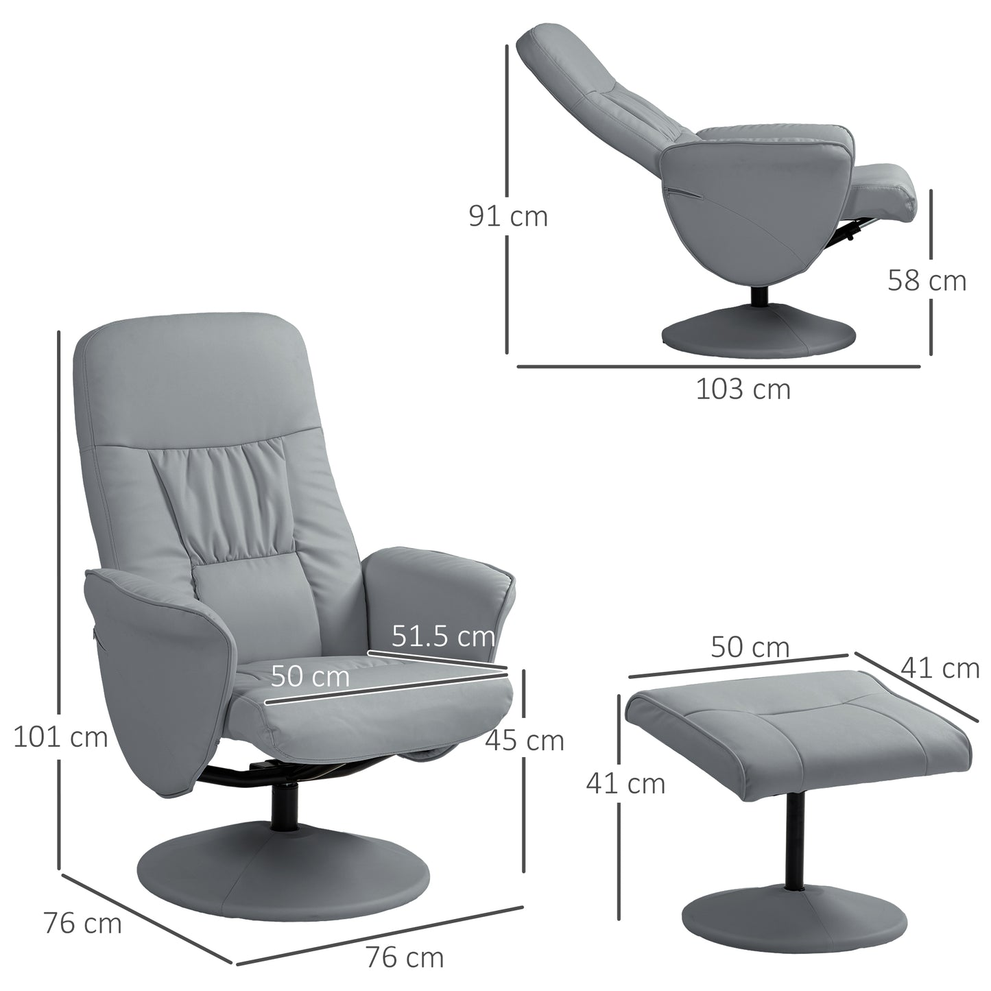 Gray recliner chair with ottoman and dimensions on a white background