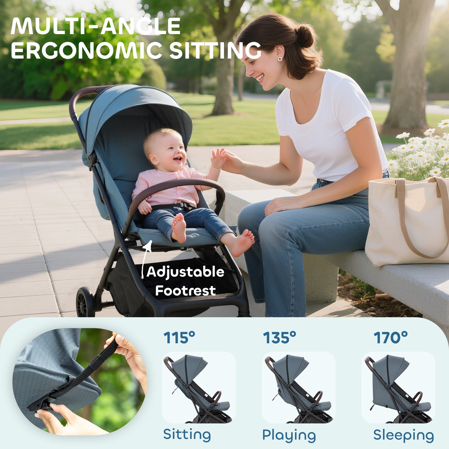 Woman and baby in a blue stroller with adjustable footrest feature, outdoors.